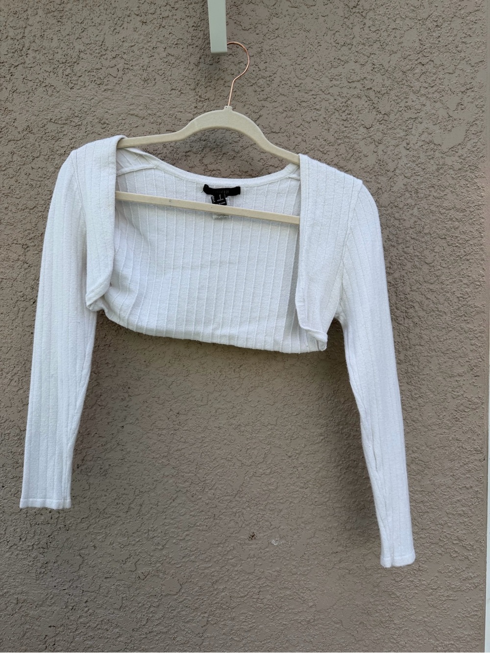 Forever 21 White Ribbed Long-Sleeve Crop Bolero
